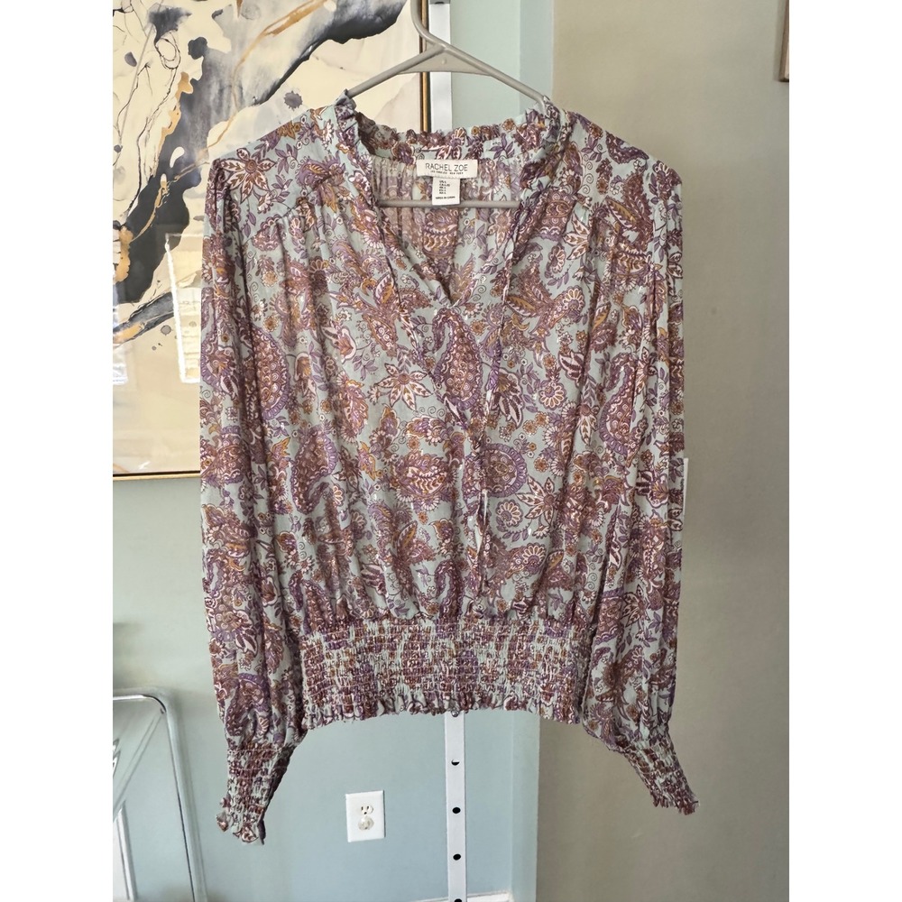 Rachel Zoe Womens Paisley Smocked Blouse Purple Mint Lurex Metallic V-Neck Large